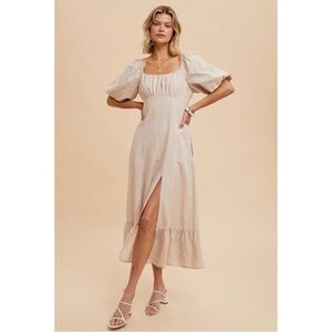 Linen Cotton Blend Gathered Bodice Empire Style Long Dress